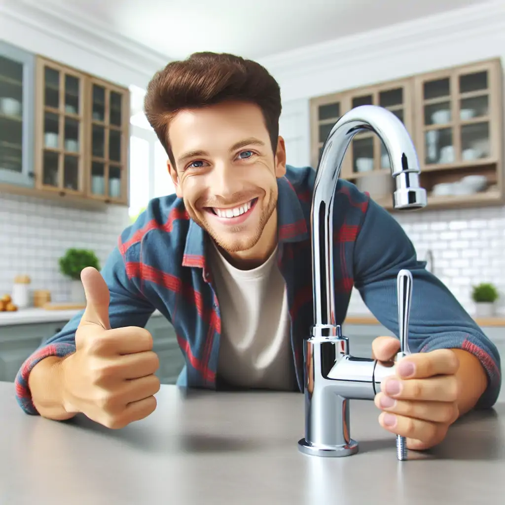 An image of a happy homeowner giving a thumbs-up next to a newly fixed faucet, symbolizing a job well done.