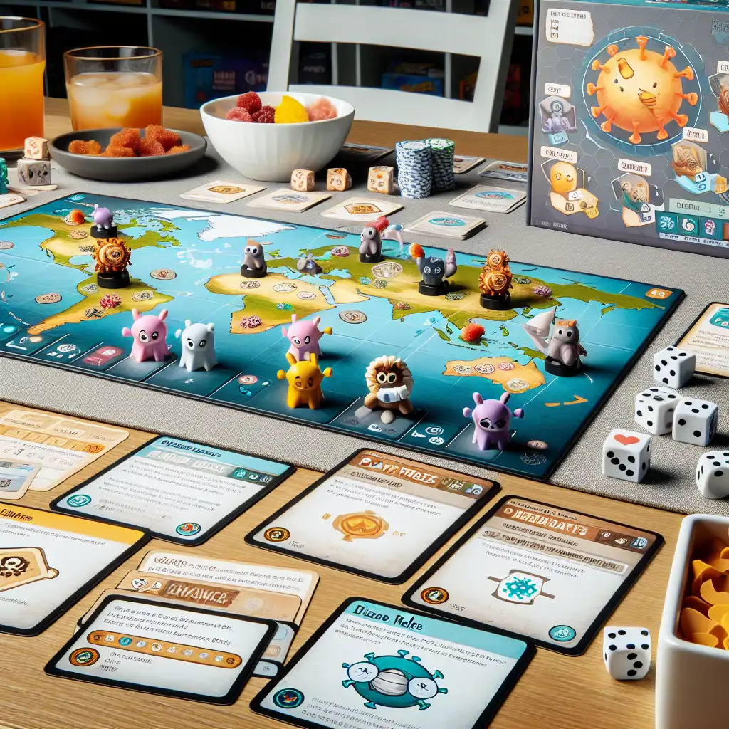 Tabletop setup with Pandemic board game pieces and roles.