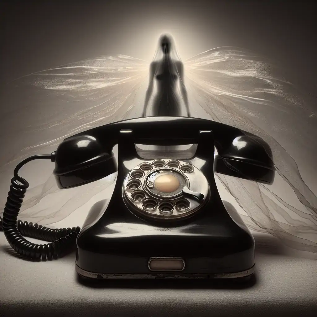 An old rotary phone with a ghostly figure in the background, symbolizing calls from the beyond.