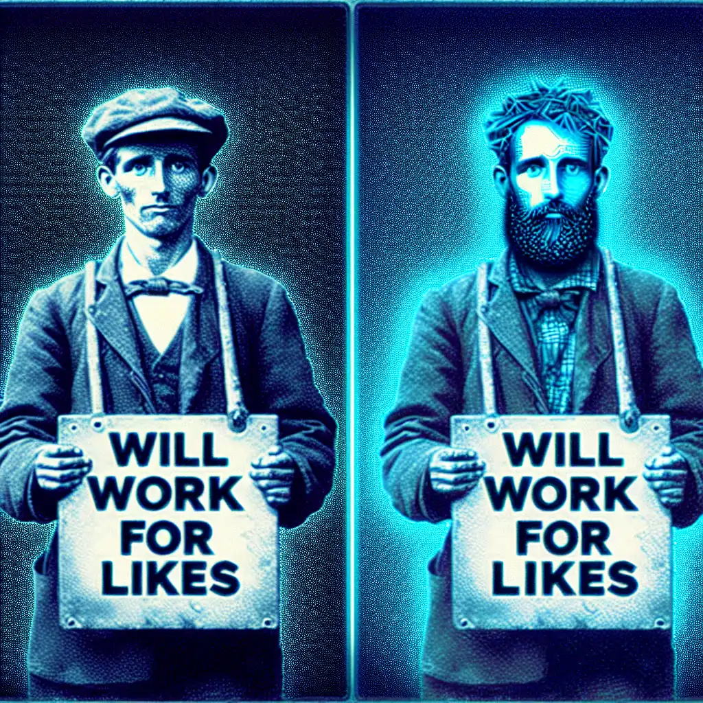 A funny, meme-style image contrasting a 19th-century worker with a modern-day influencer, both holding signs that say 'Will work for likes' and 'Will work for food'.
