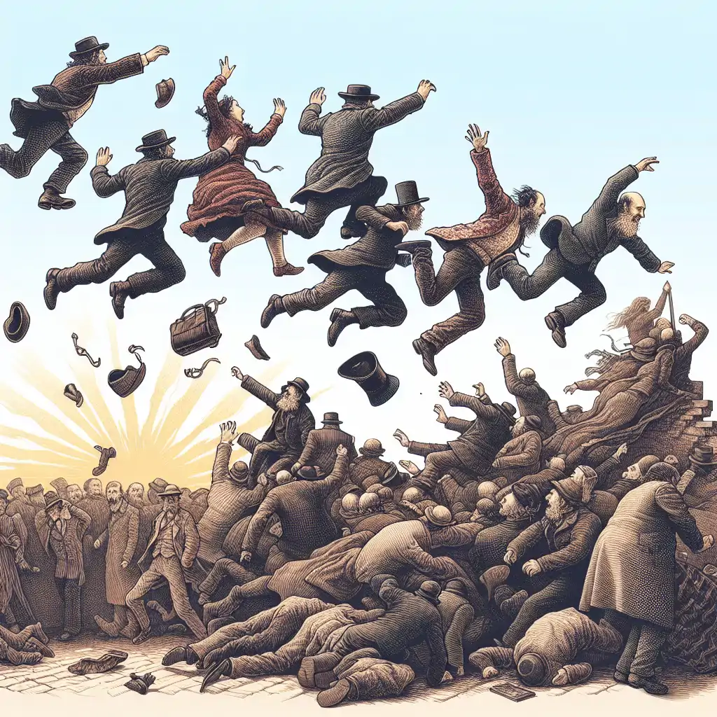 A detailed painting capturing officials in mid-air during the defenestration.