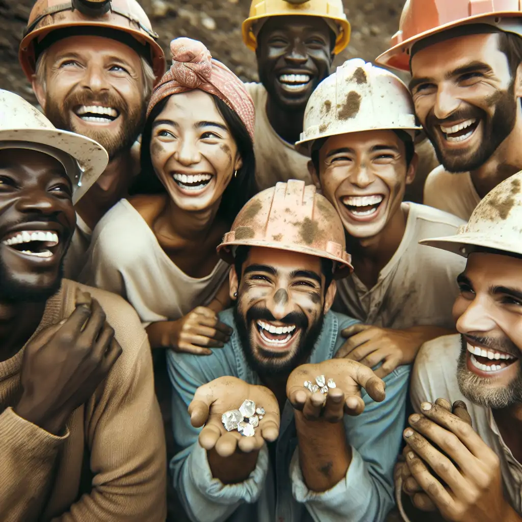 A candid group photo of miners laughing together, covered in dirt and holding up small diamond finds, underscoring the camaraderie and joy found in their shared work.