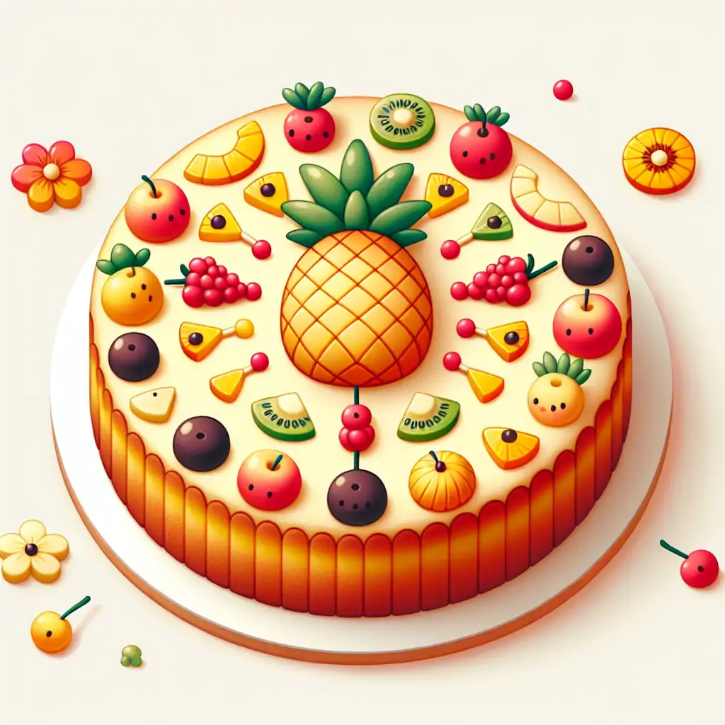 A modern twist on the classic Pineapple Upside-Down Cake featuring a variety of exotic fruits.