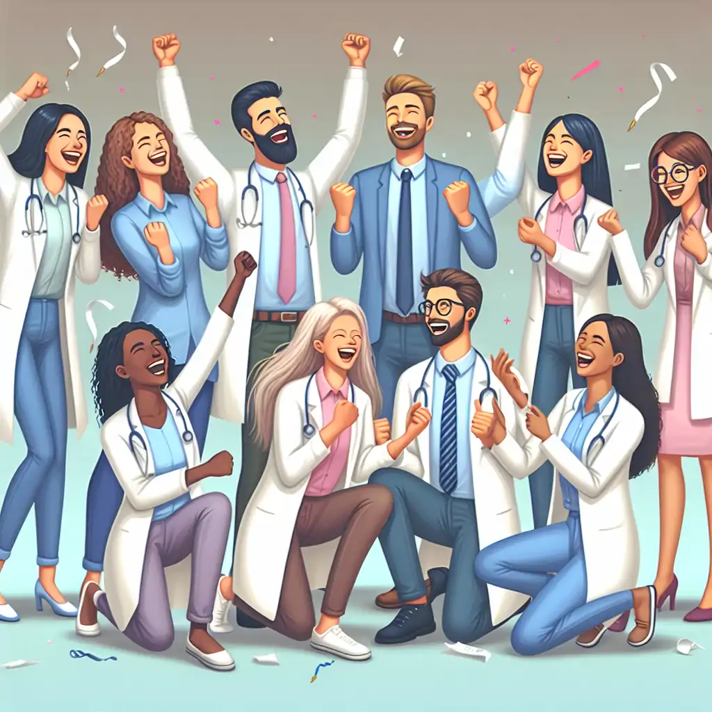 A group of smiling neuropsychologists celebrating after a successful conference, symbolizing teamwork, achievement, and the joy of discovery in their field.