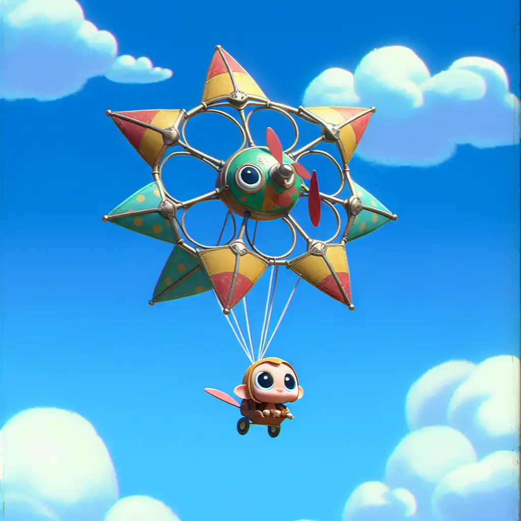 An illustration of Felix's colorful, self-built flying contraption against a clear blue sky.