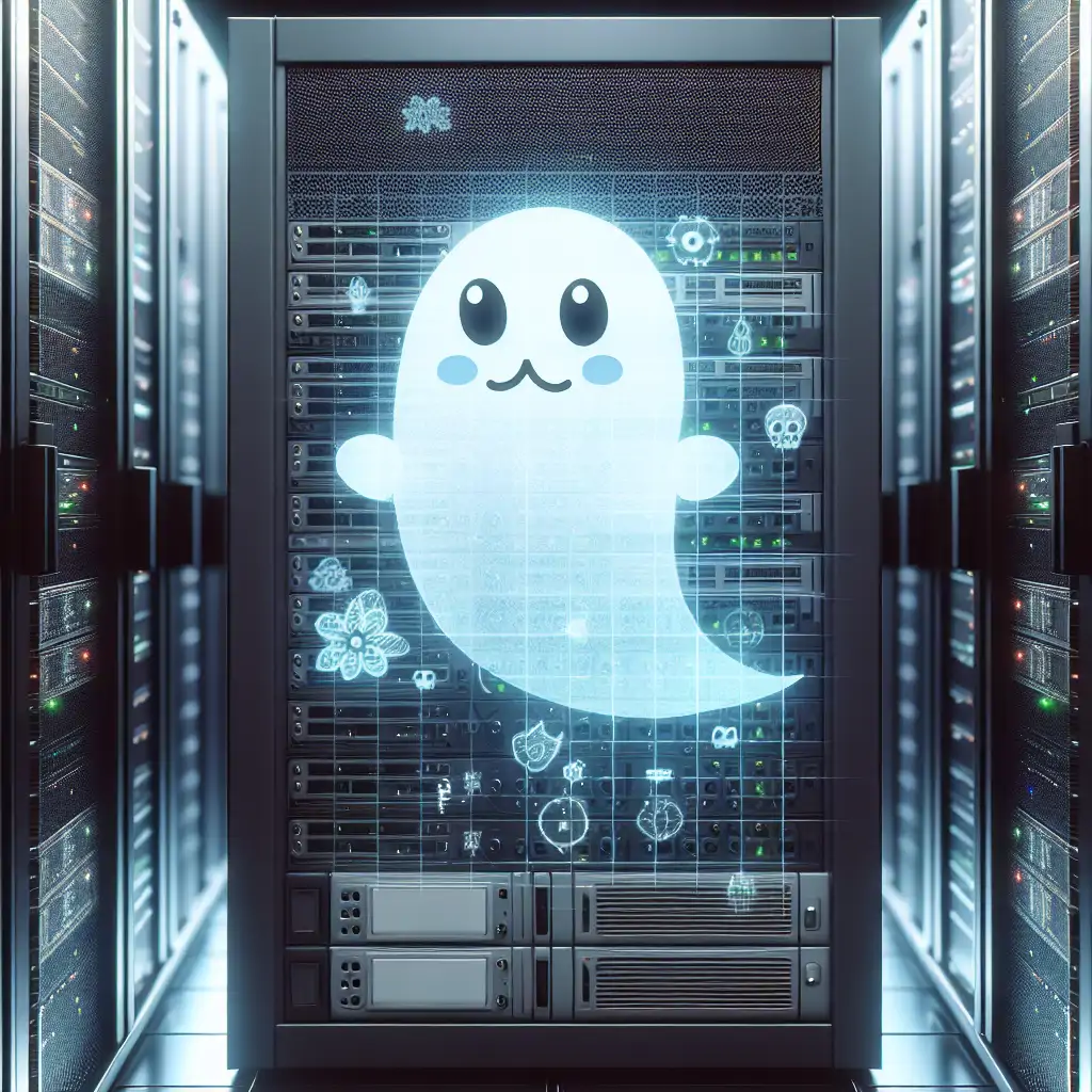 A digital hologram of a ghost floating above a server rack, blending modern and supernatural elements.