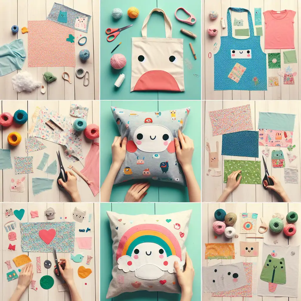 Various stages of t-shirt upcycling projects, including making a tote bag, pillow covers, and wall art.