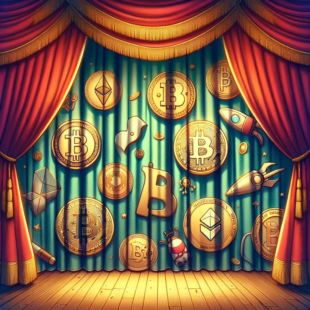 A closing curtain with crypto-themed decor, symbolizing the end of the carnival show but hinting at more adventures to come.