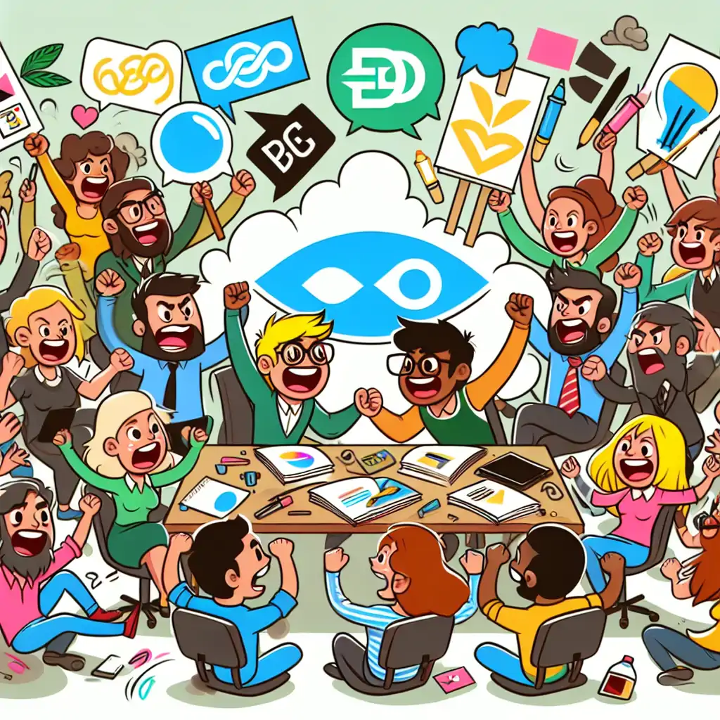 A cartoon depicting a chaotic design meeting with people arguing over logo designs.