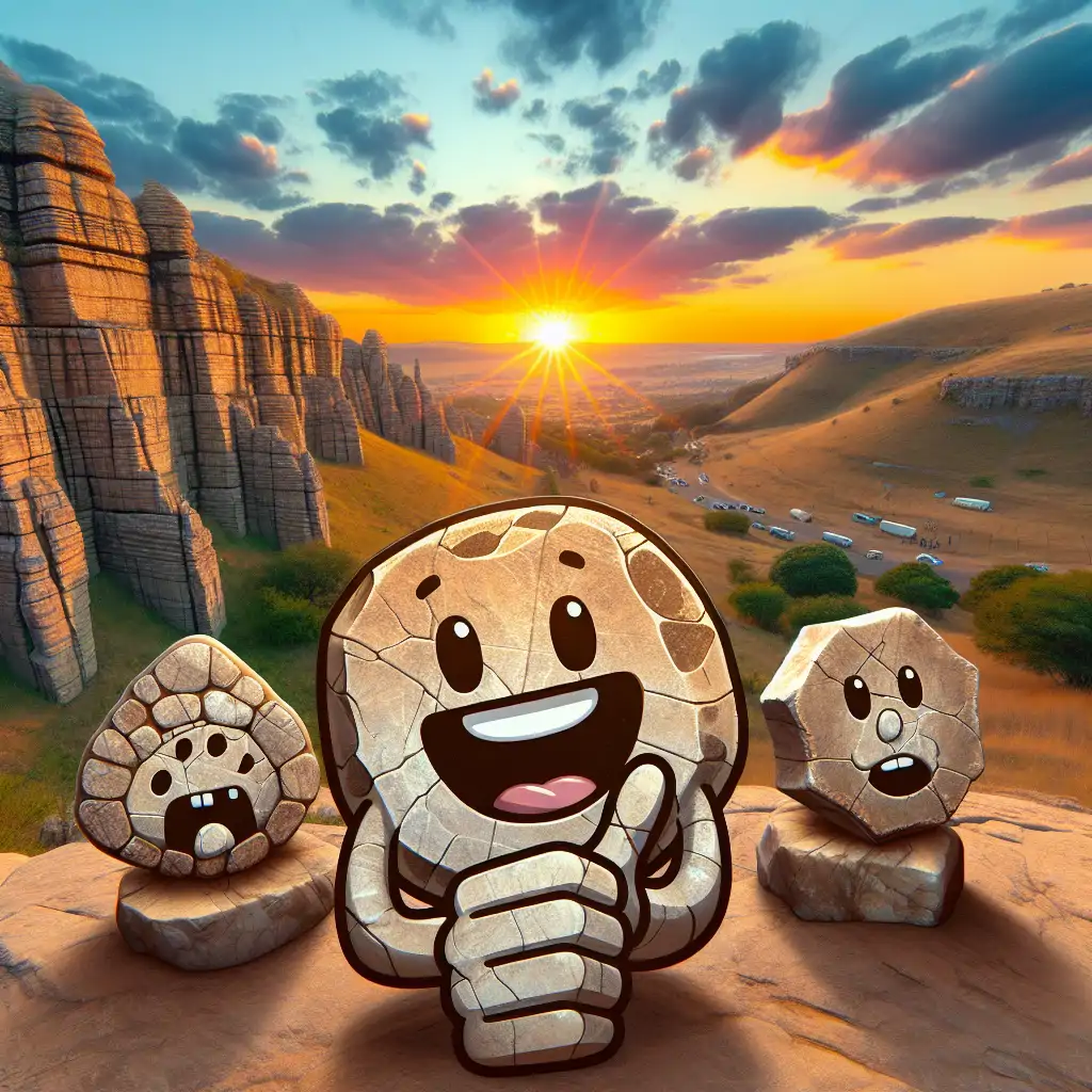 A panoramic shot of the Cradle of Humankind site at sunset, with playful, cartoonish overlays featuring smiling rock characters and a thumbs-up fossil.