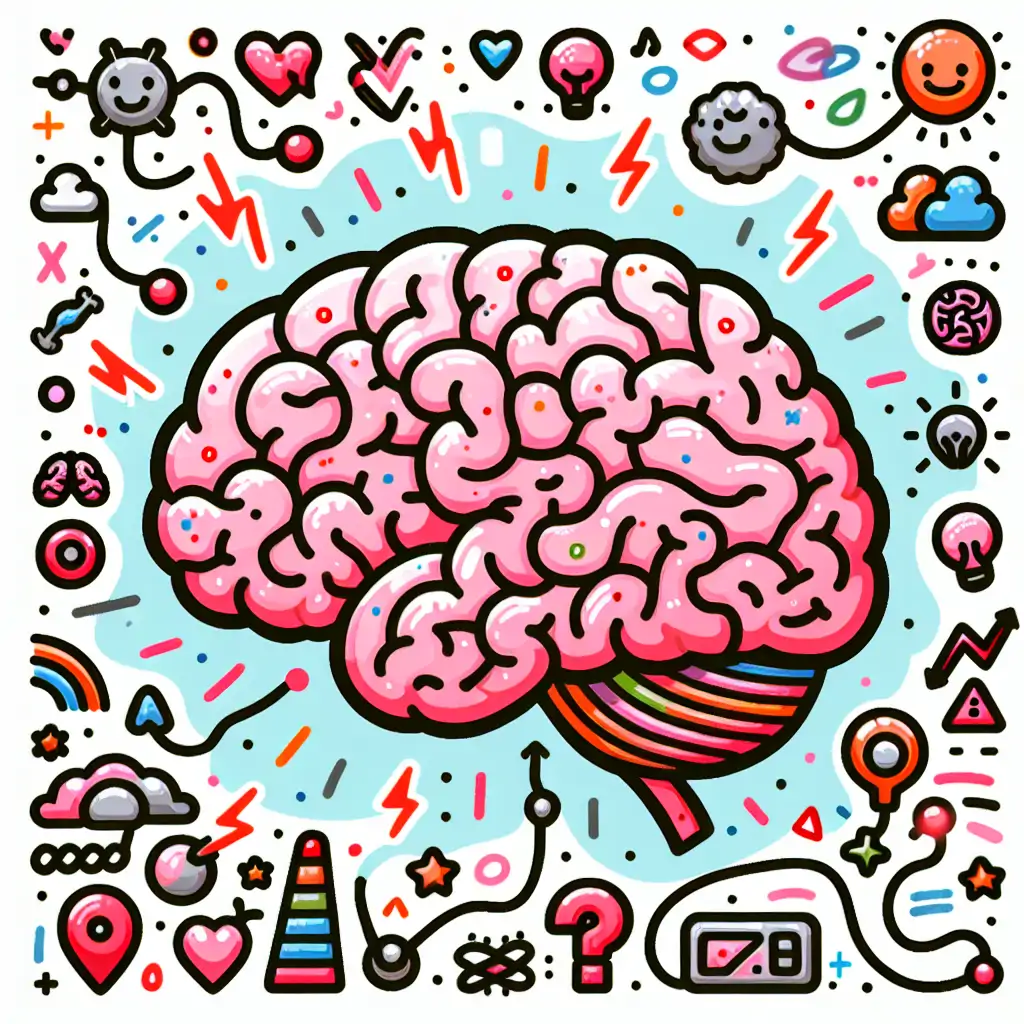 A cartoonish, colorful illustration of a brain with neurons firing, highlighted pathways, and some playful doodles around it.