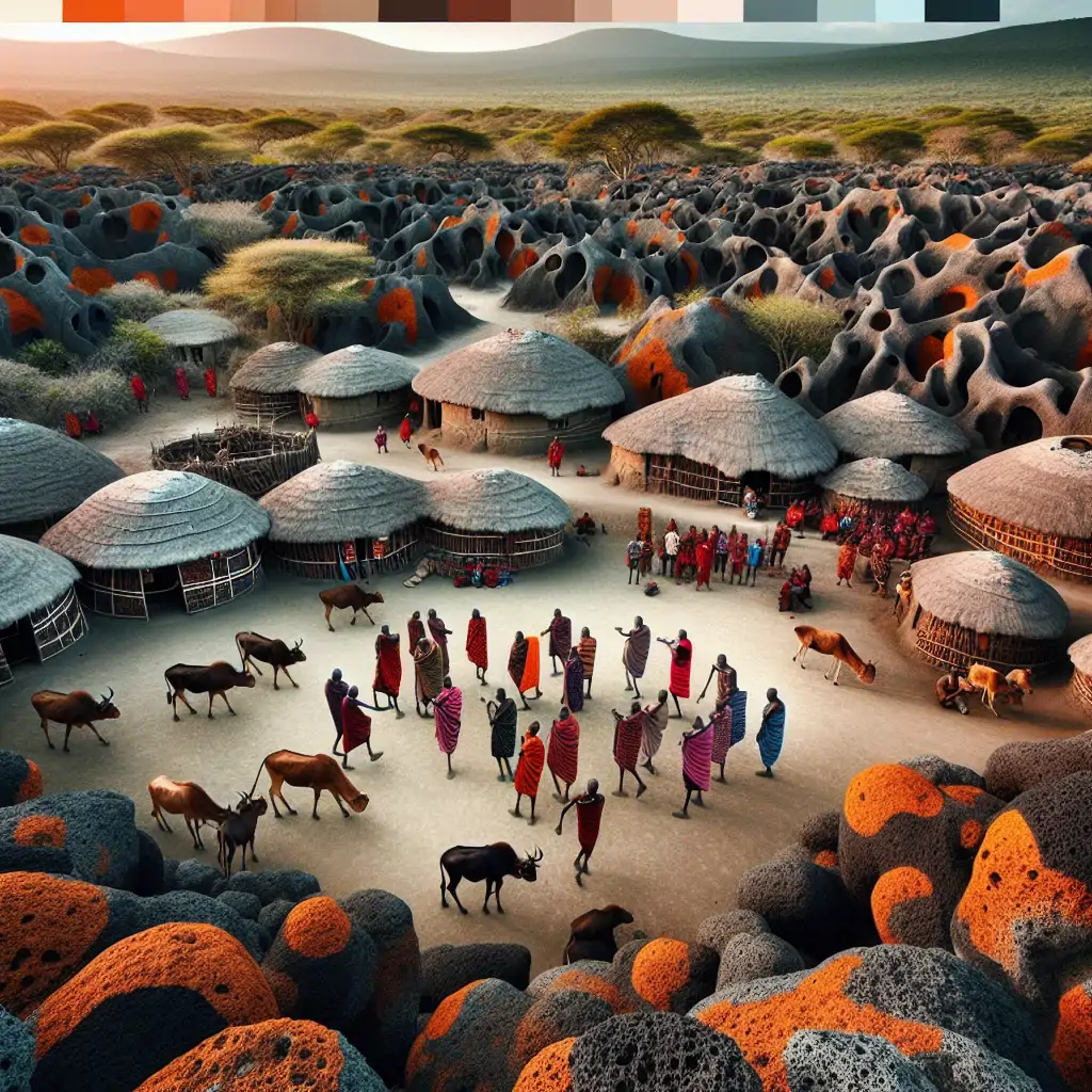 A wide-angle view of a Maasai village set against the backdrop of a volcanic landscape, with Maasai morans engaged in traditional dance and cattle visible in the foreground.