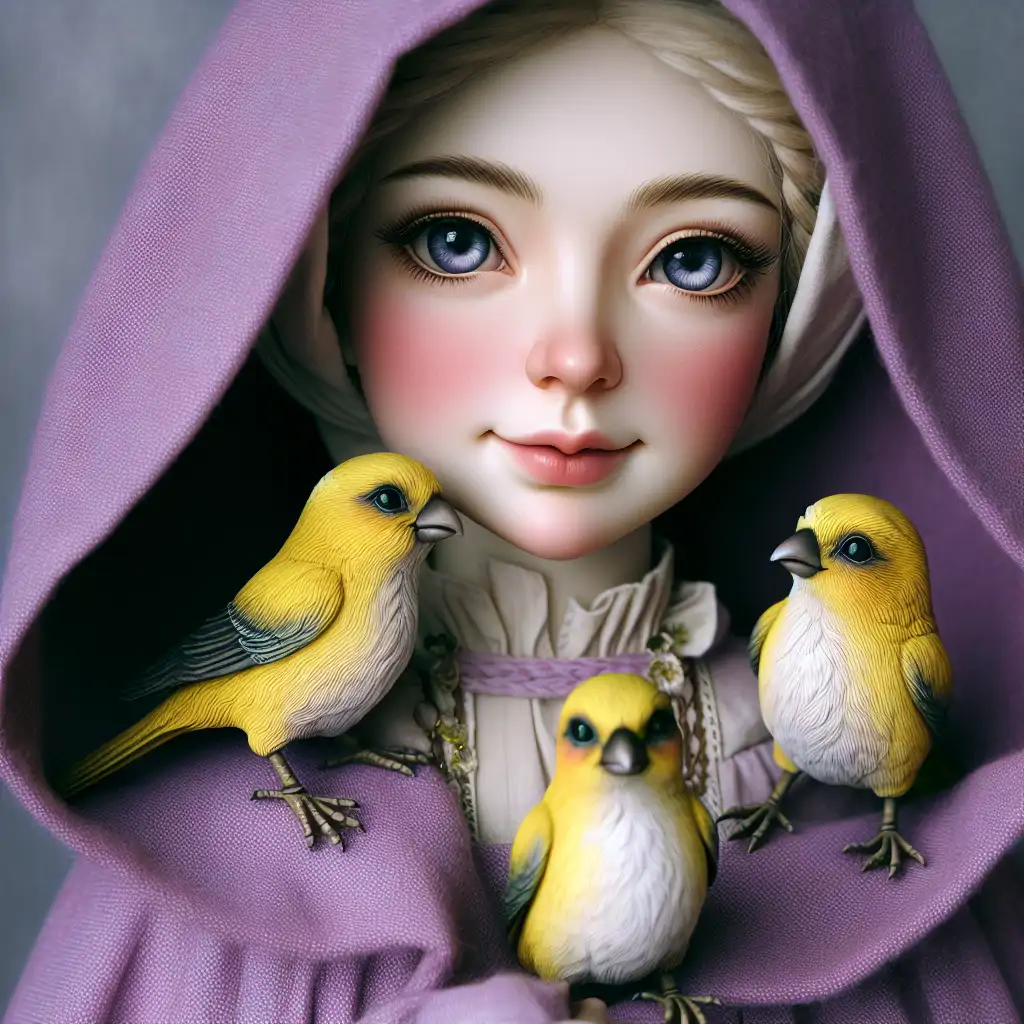 A portrait of Winifred in her purple cloak with canaries perched nearby.