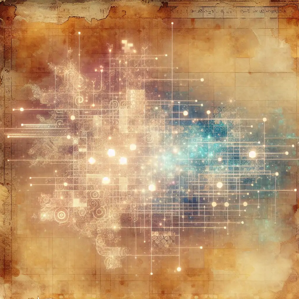 A fusion of ancient parchment with an overlay of digital code.