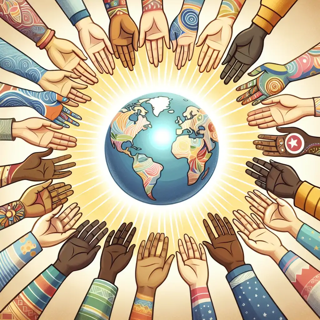 Hands across the globe coming together deliberately, surrounded by an aura of light symbolizing empathy.