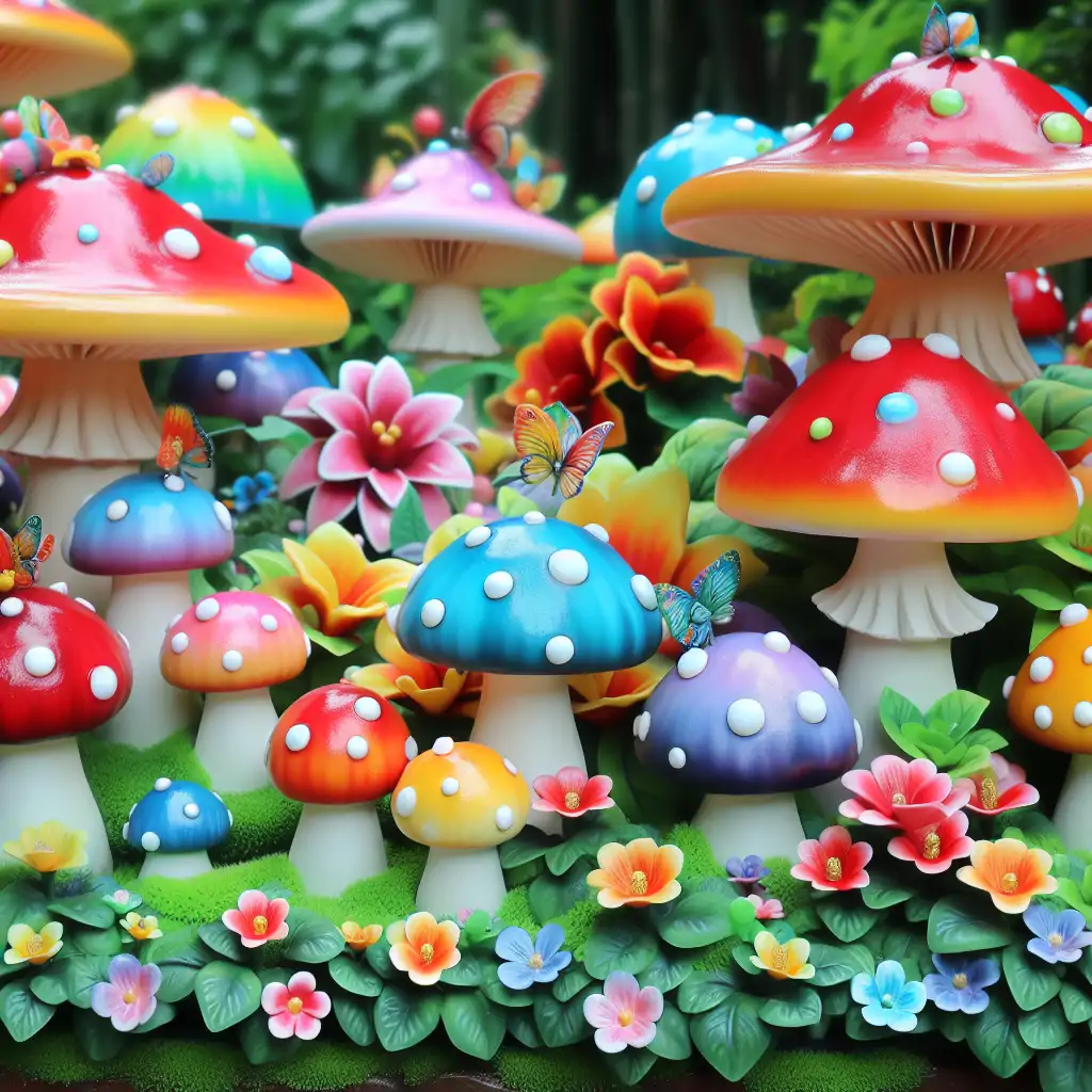 A whimsical garden scene featuring colorful mushrooms among flowers.