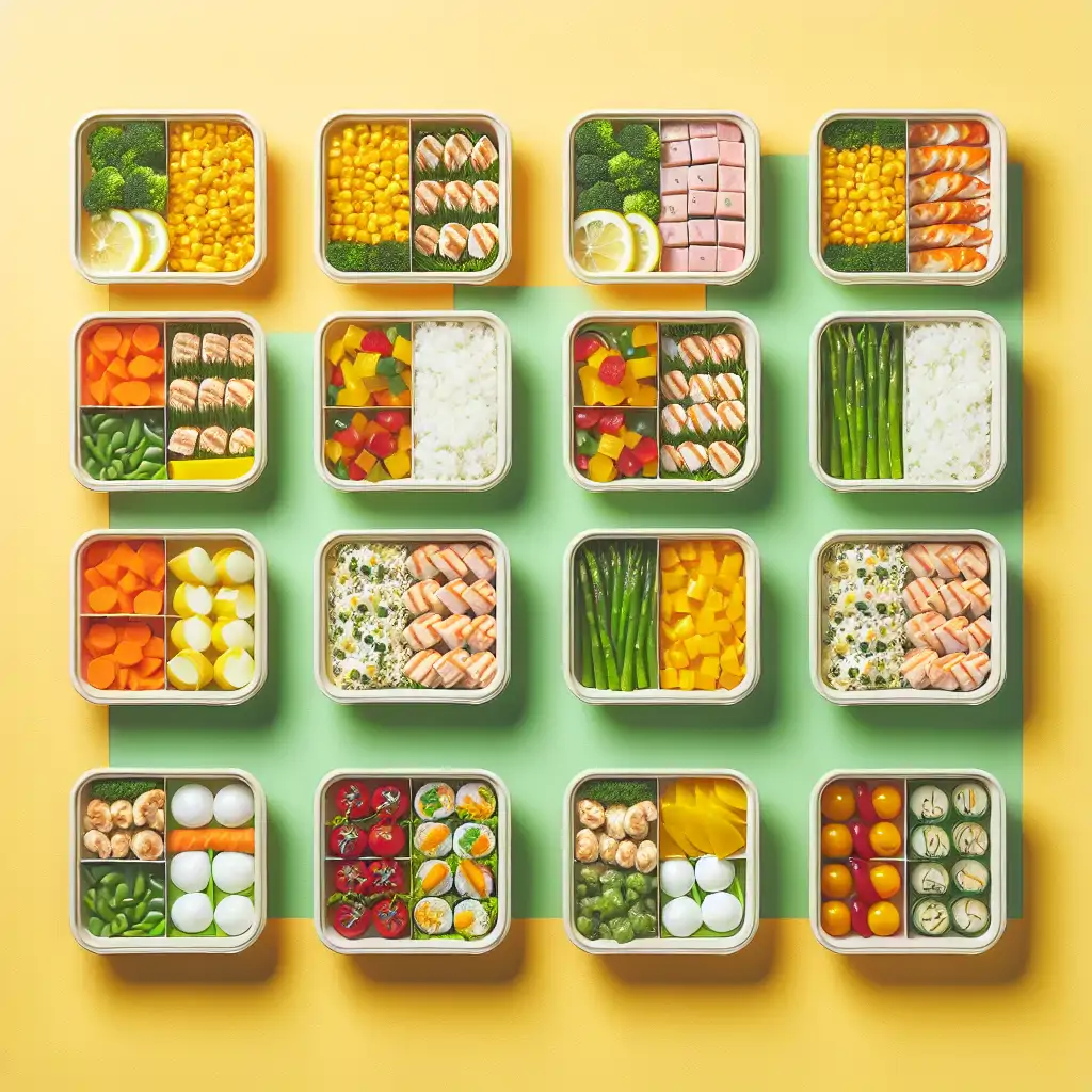 A colorful and organized spread of prepped meals in containers.