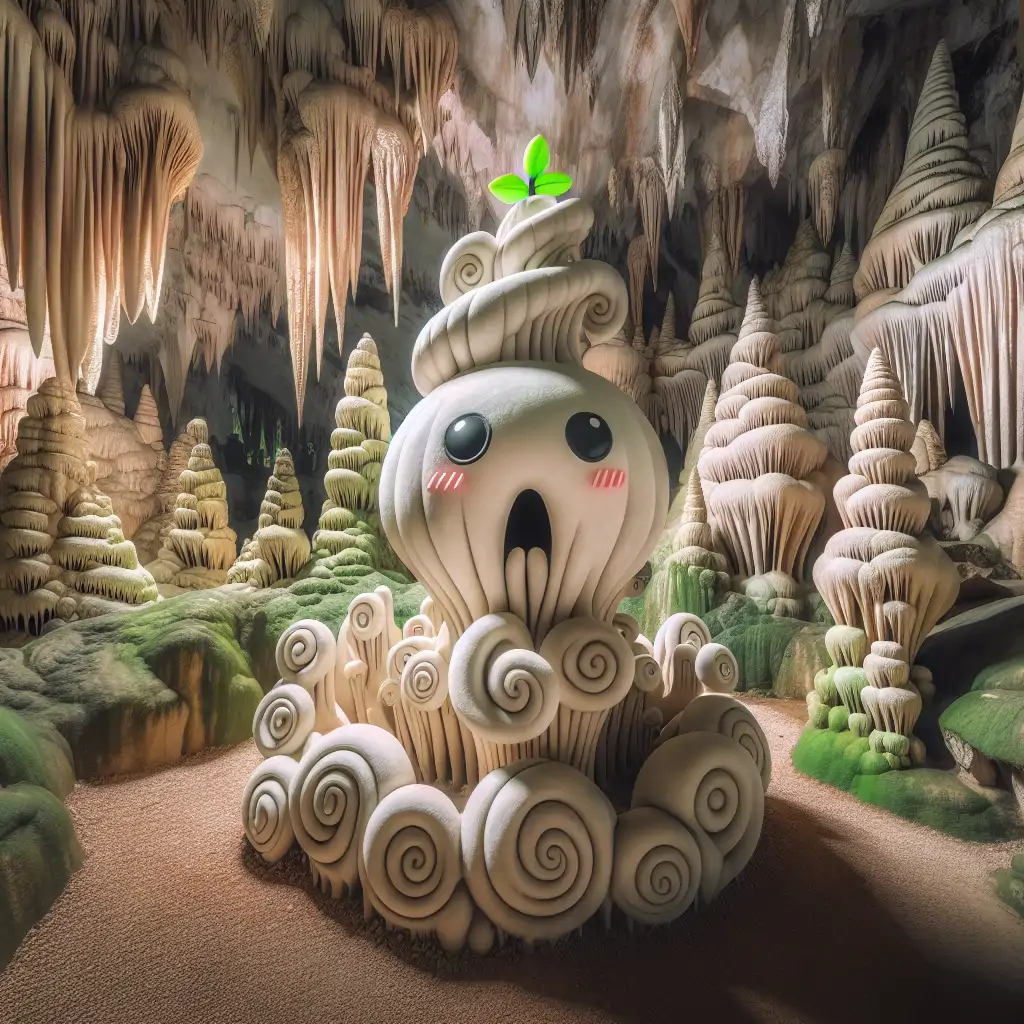 A whimsical limestone cave with humorous stalactite and stalagmite formations