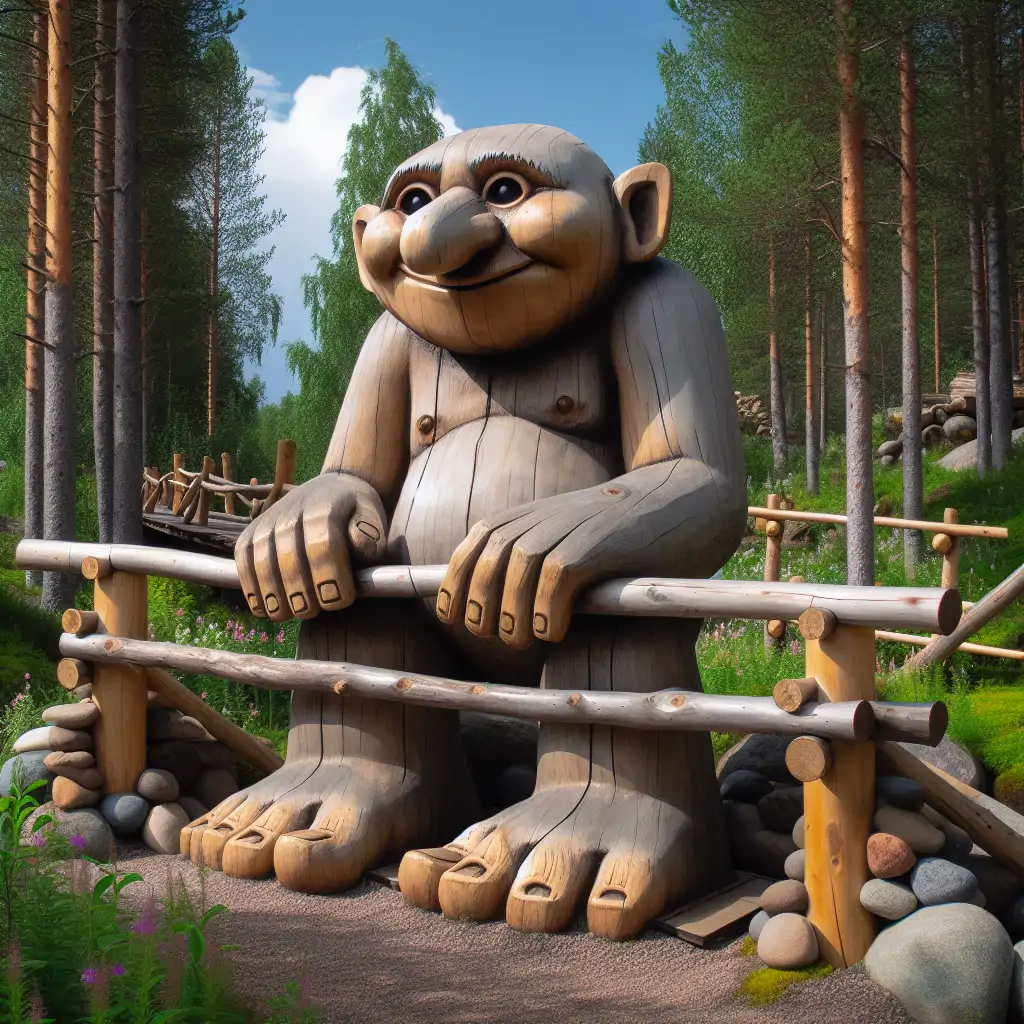 Sculpted wooden trolls guarding a bridge in a whimsical Scandinavian forest, embodying the comical lore.
