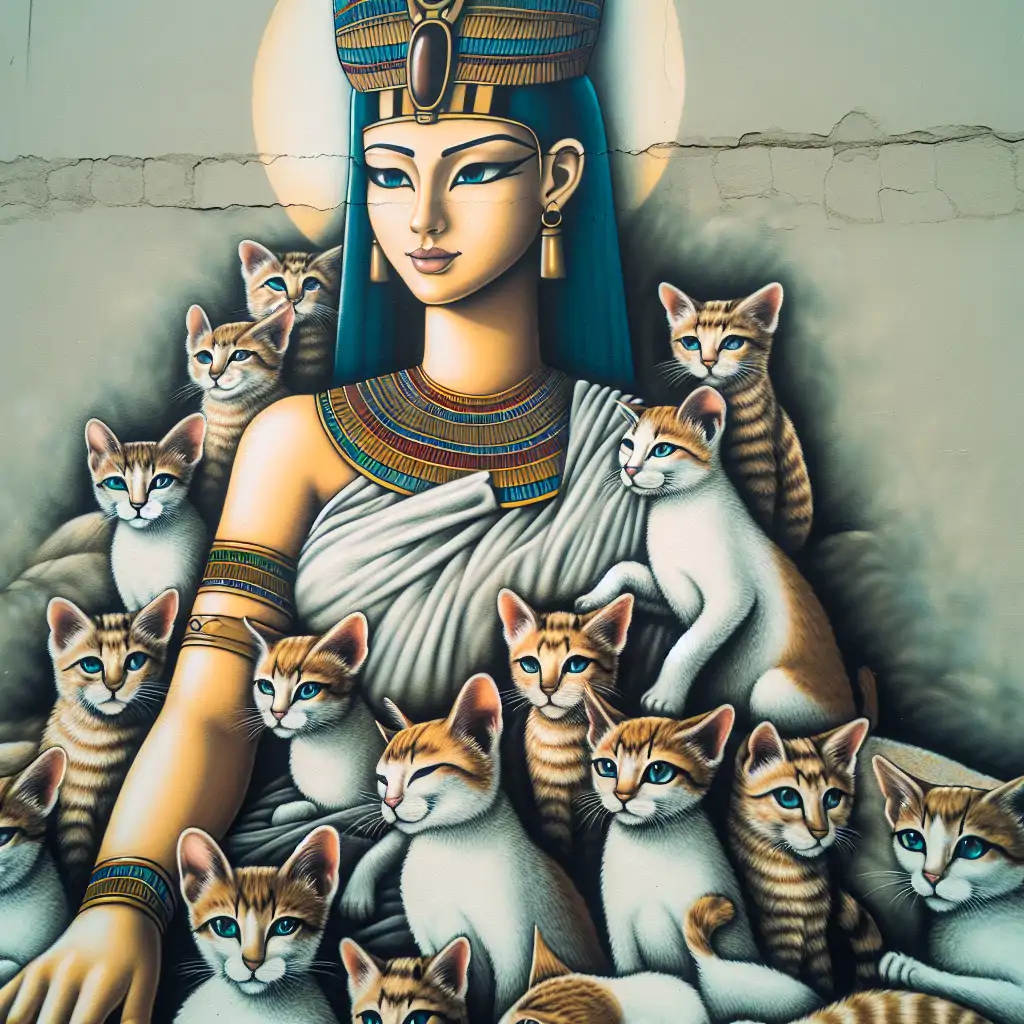 A mural depicting the goddess Bastet surrounded by household cats, illustrating the blend of domestic and divine.