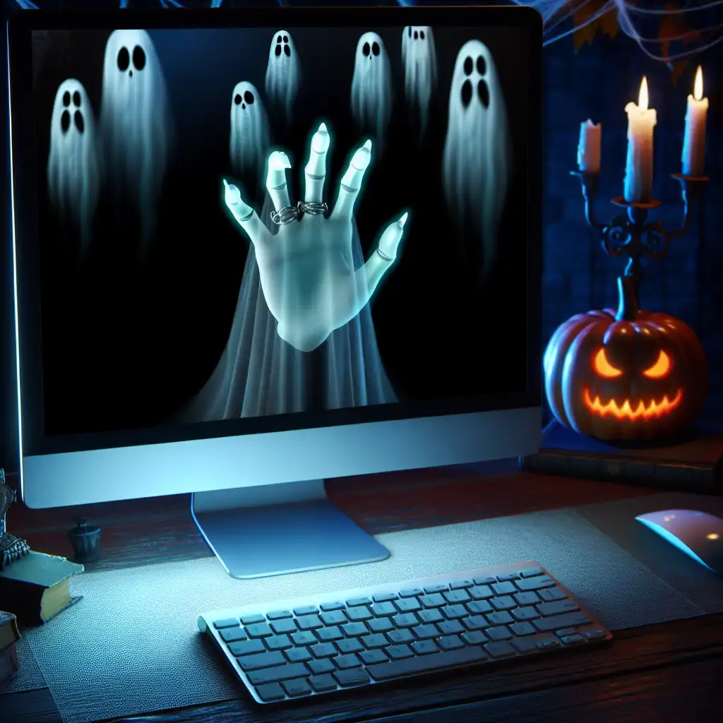 A ghostly hand reaching out from a computer screen, symbolizing haunted technology.