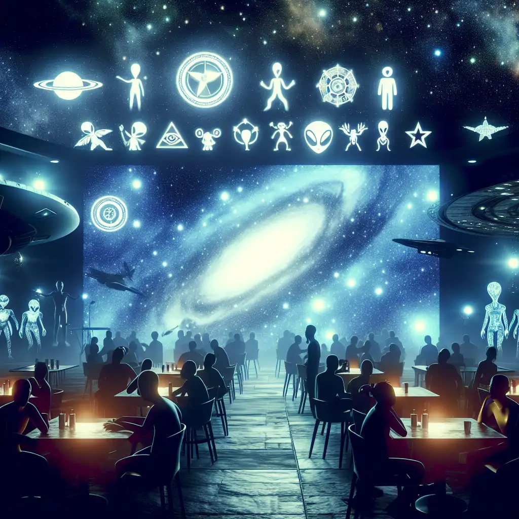 A depiction of a celestial comedy club in space with various alien species enjoying the show.