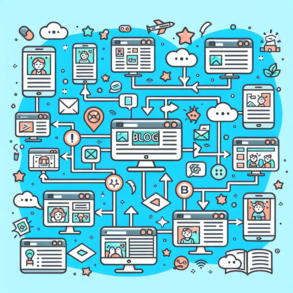 Illustration of interconnected digital screens showcasing diverse blog content with arrows indicating seamless navigation