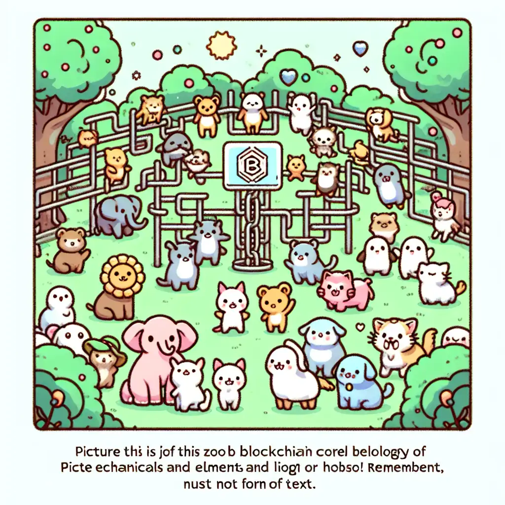 A whimsical illustration of a blockchain-themed zoo featuring cartoonish animals