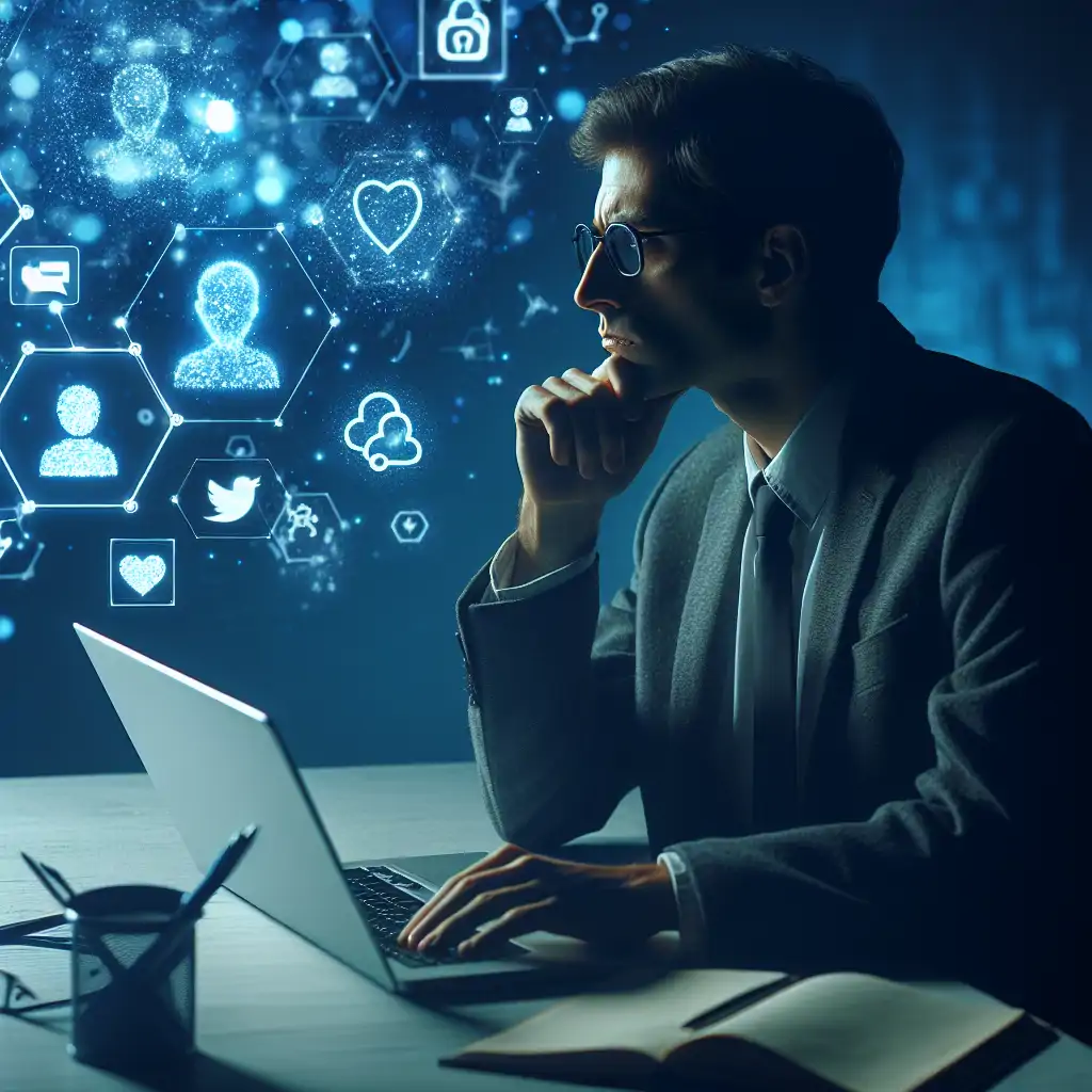A contemplative Sigmund Freud sitting at a desk, with a laptop open, surrounded by floating social media icons.