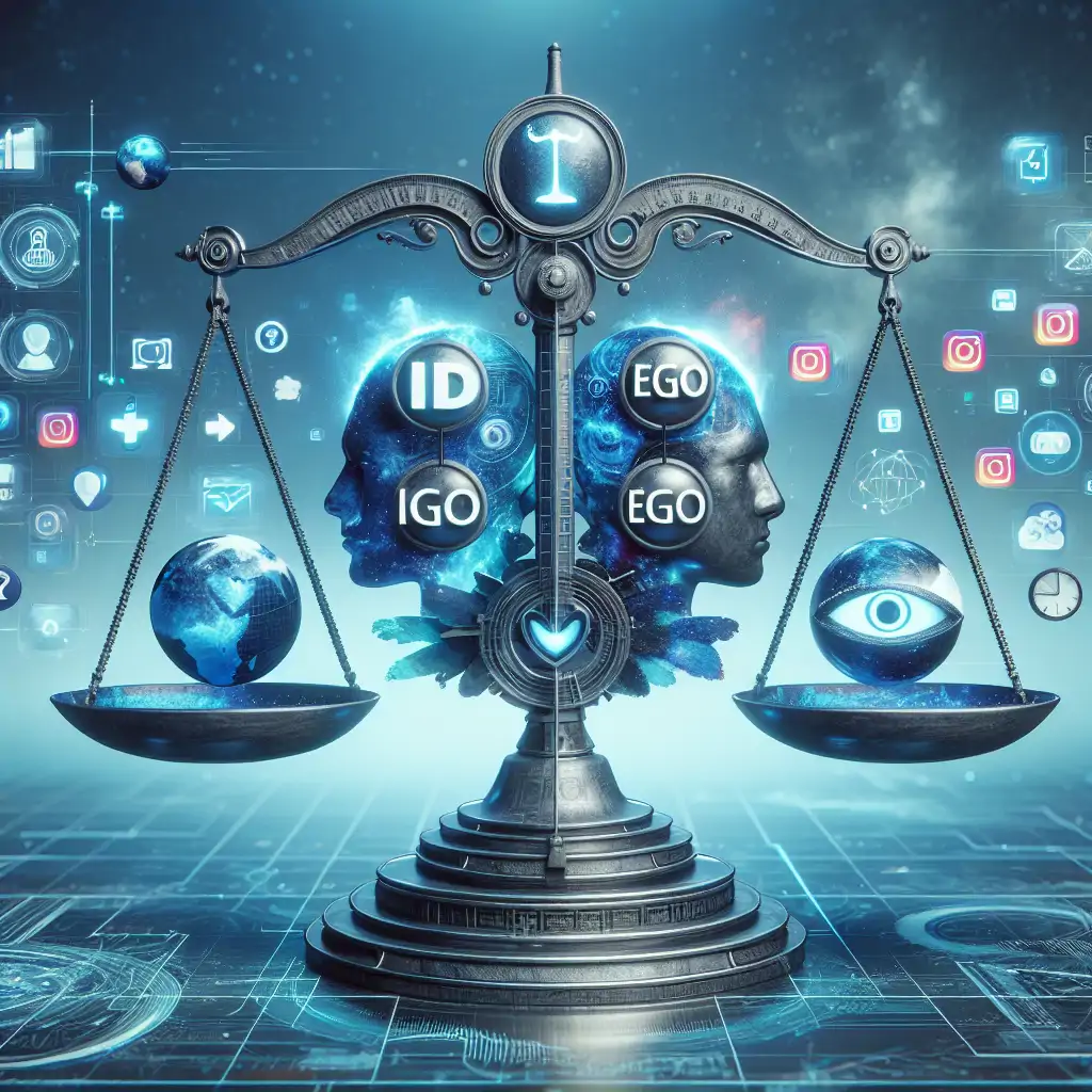 A balanced scale with three distinct parts representing the id, ego, and superego, with social media icons on either side of the scale.