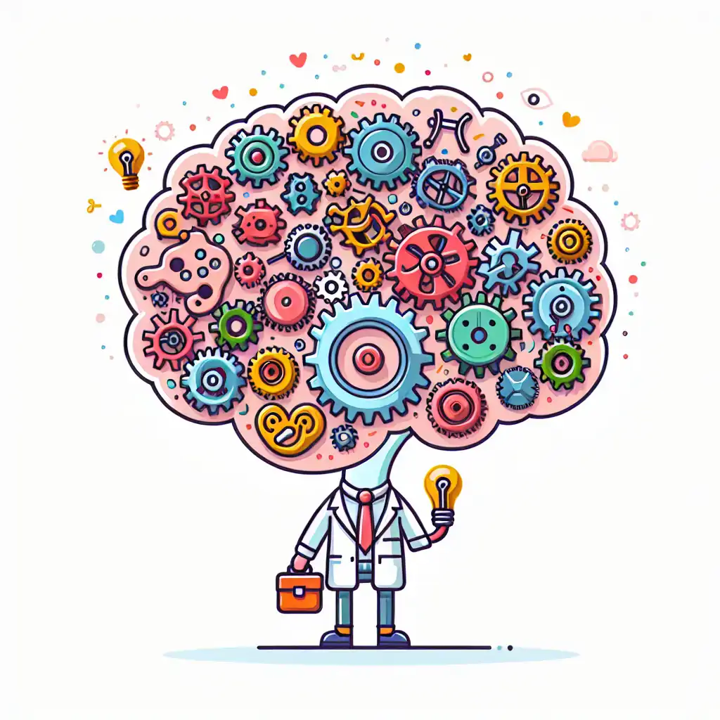 A creative illustration showing a brain with gears symbolizing different psychological approaches.