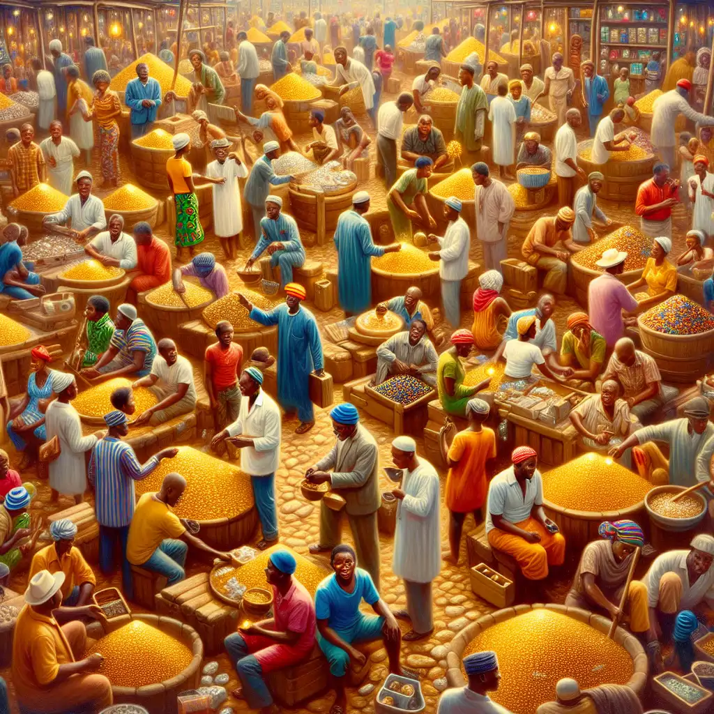 A photograph of bustling gold markets in Ghana, with miners, traders, and curious onlookers, all engaged in lively activity.