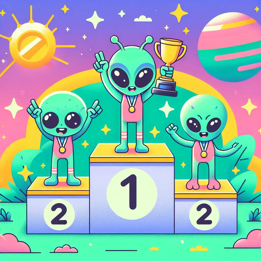 A vivid caricature of an alien sports podium with intergalactic champions celebrating their victories.