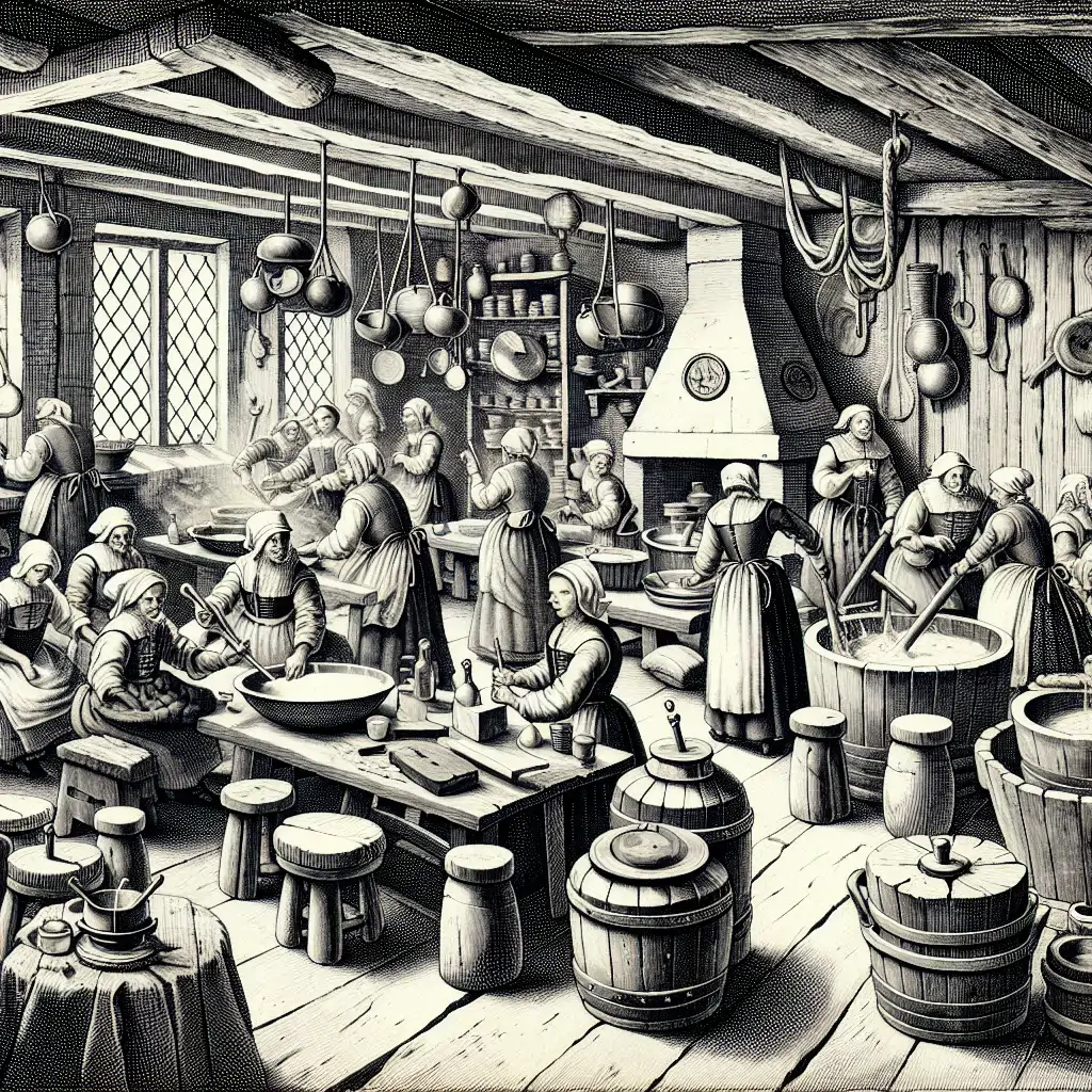 An illustration of a 16th-century Zurich kitchen with individuals preparing sausages.