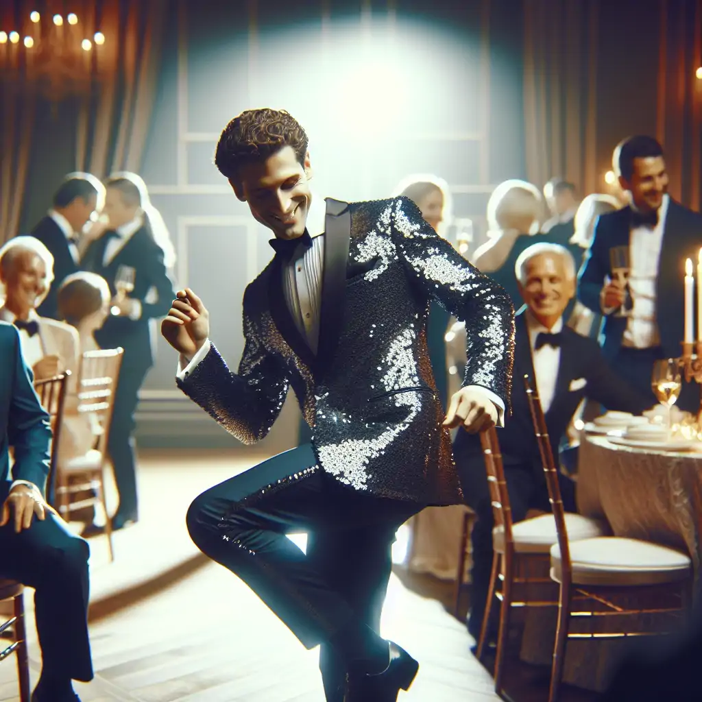 A vivid scene of a diplomat in a sequined suit performing a dance move at a formal event.