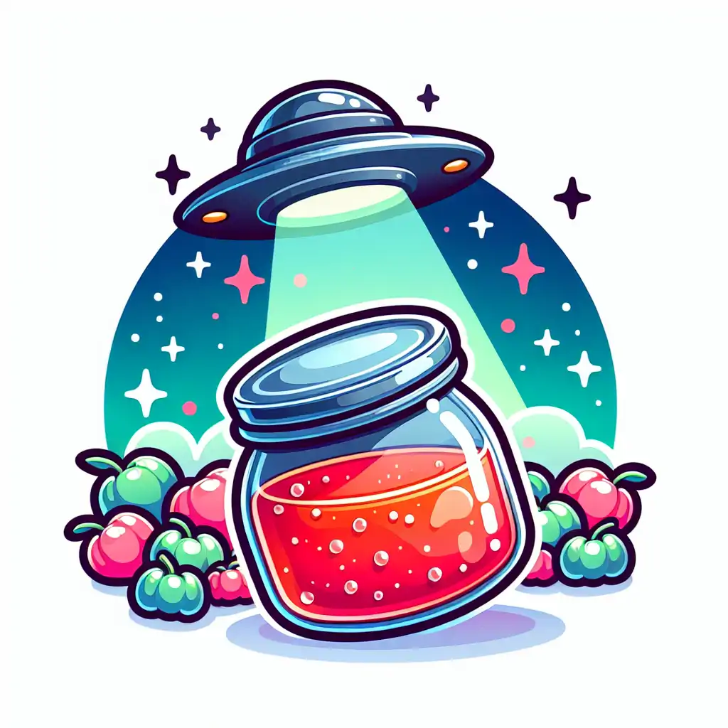 An open jar of jelly in the foreground with a UFO hovering overhead in the background.