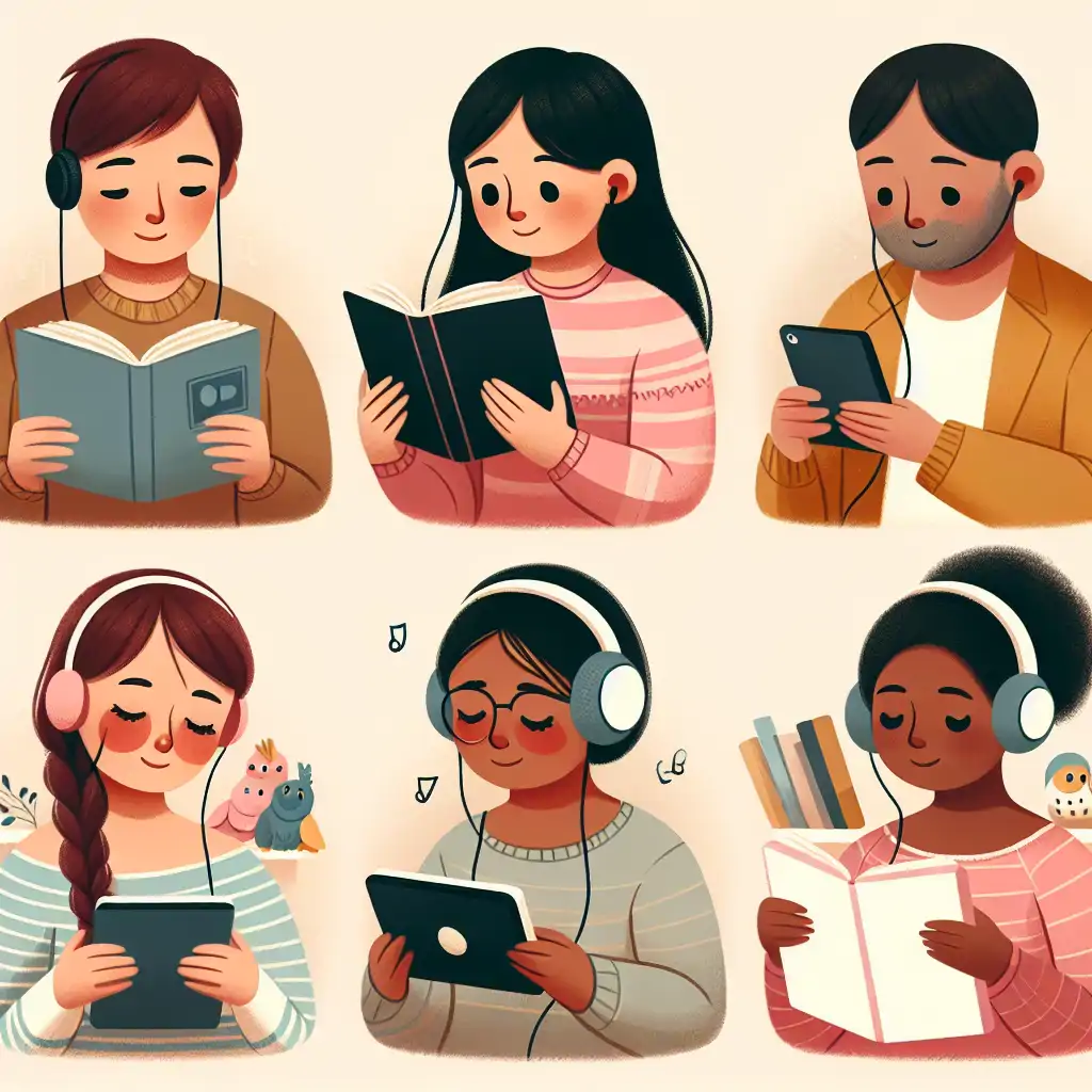 An image depicting diverse people engaging in different storytelling mediums - books, video, podcasts - showcasing versatile storytelling channels.
