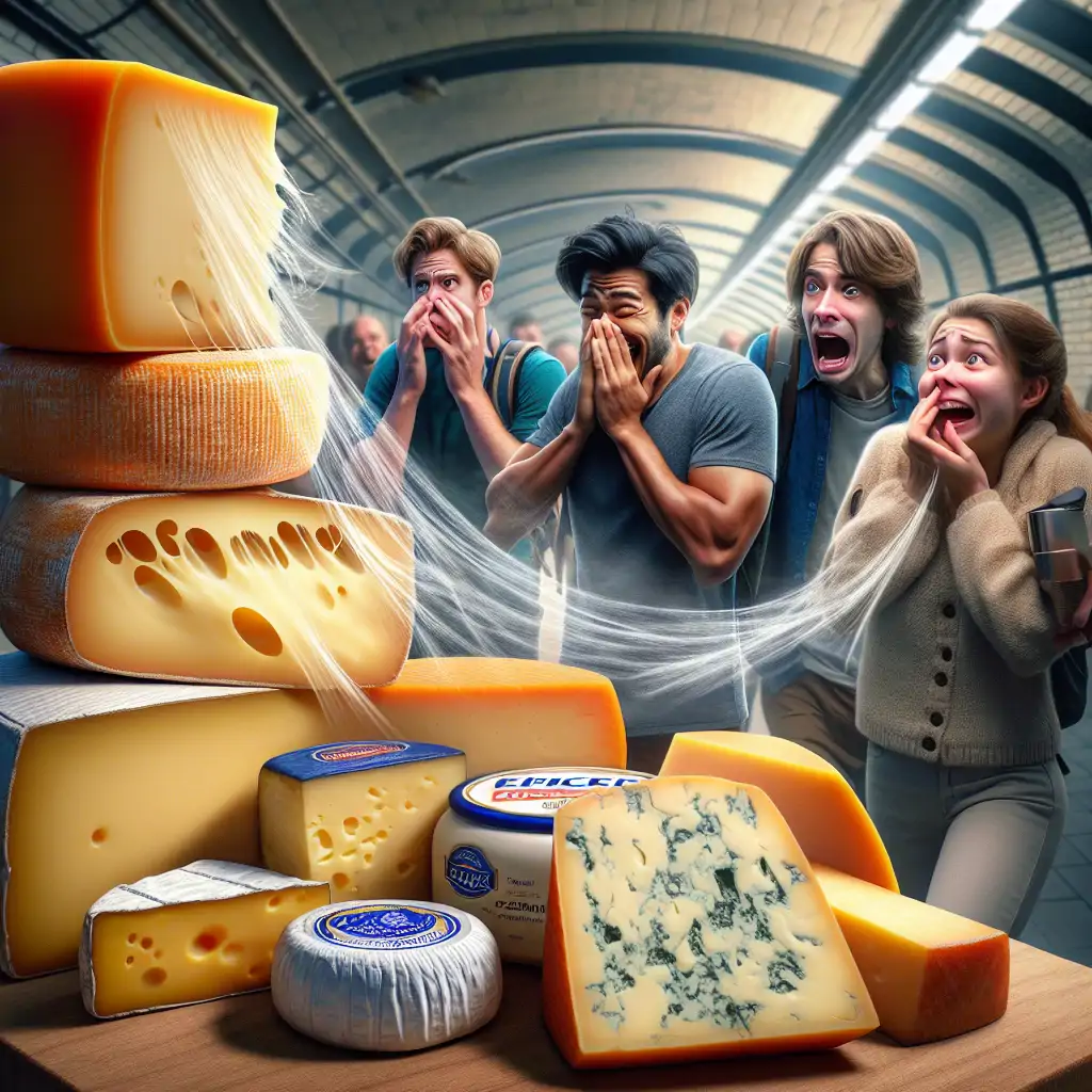 A comedic cartoon image of a variety of stinky cheeses like Limburger, Époisses, and Roquefort, complete with aroma lines and exaggerated reactions from bystanders holding their noses.