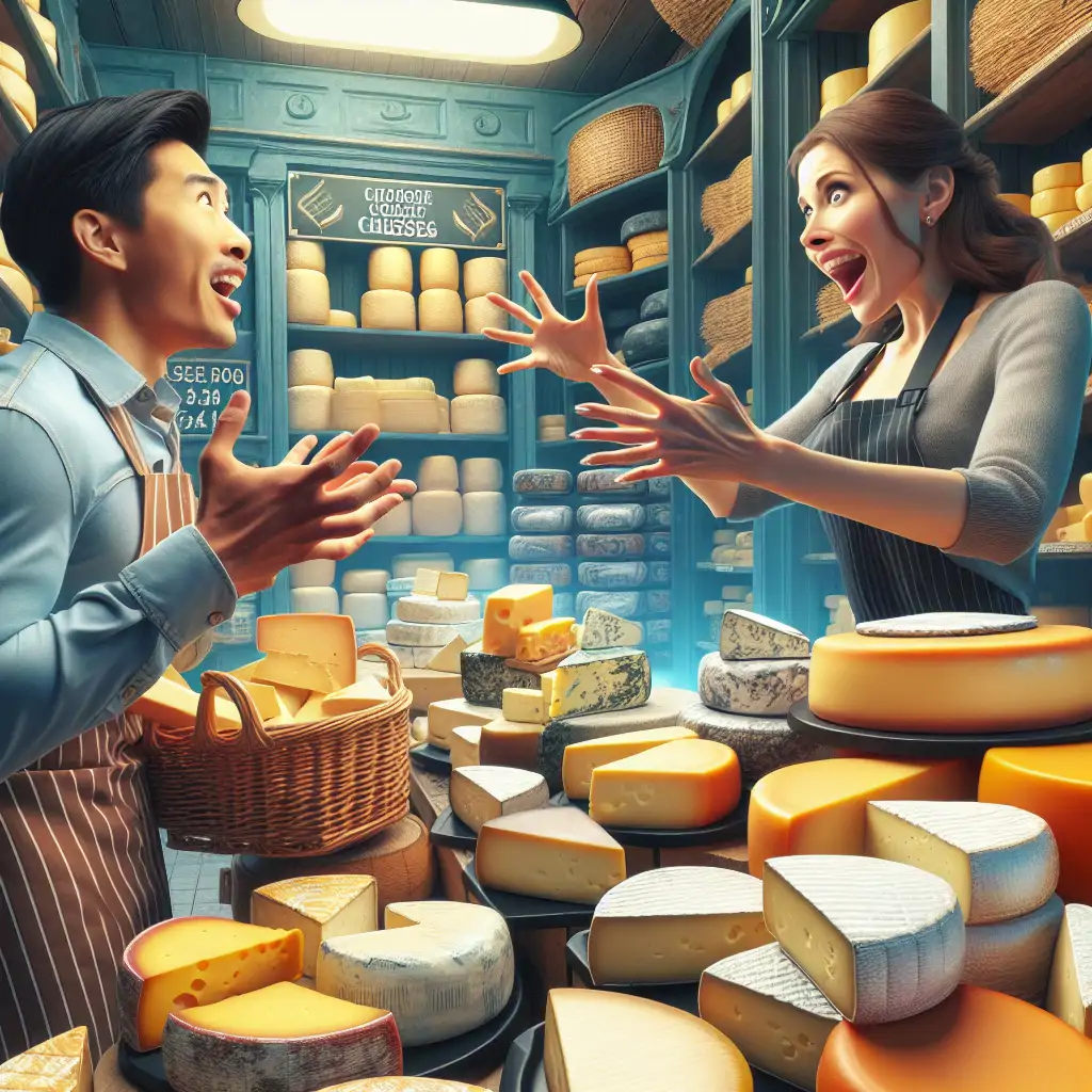 A whimsical illustration of an overwhelmed customer in a cheese shop with a cheesemonger offering them various cheeses.