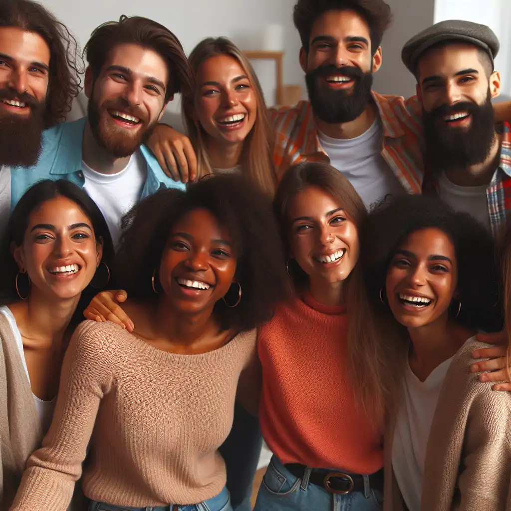 A diverse group of friends laughing and supporting each other in a cozy setting.