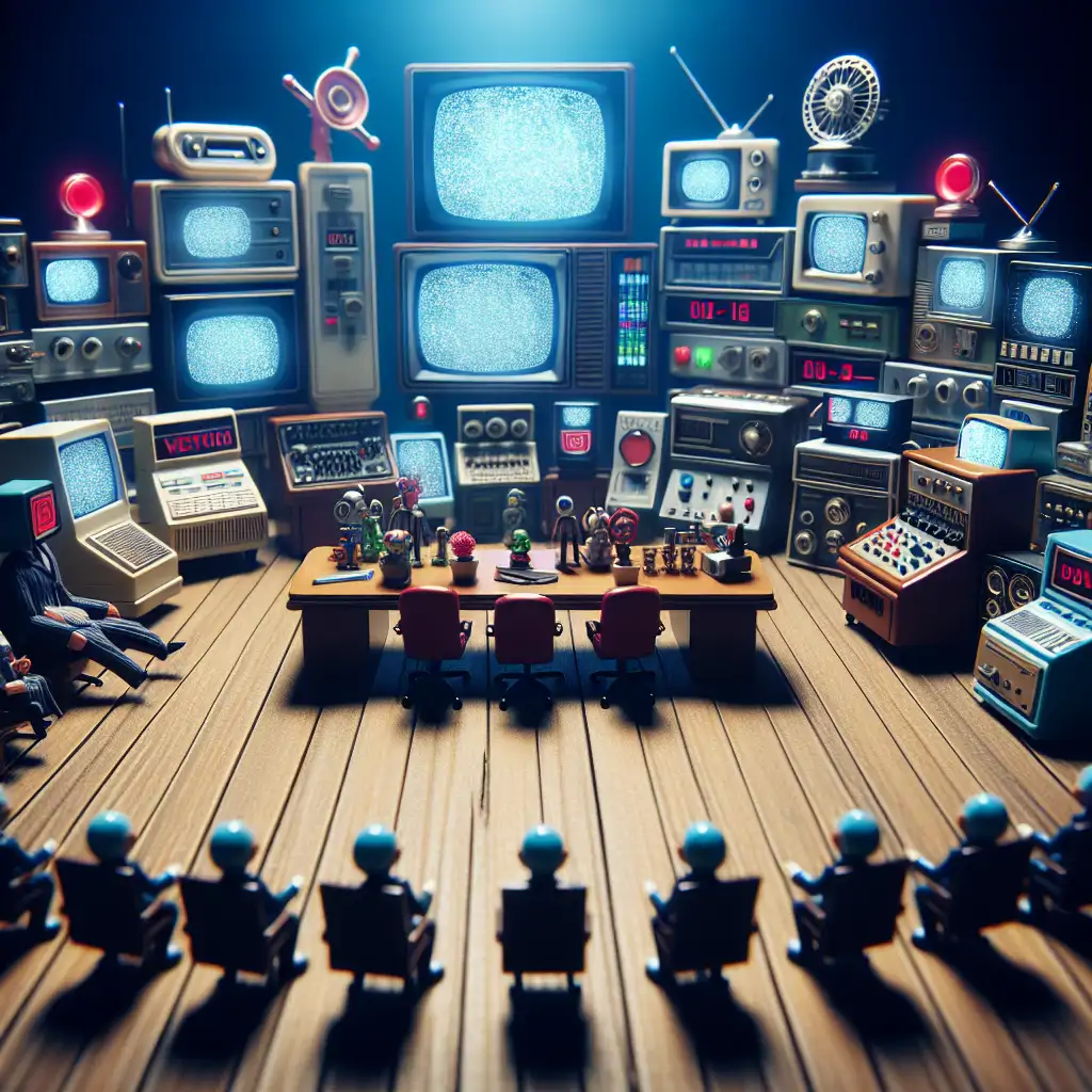 A situation room filled with retro and modern gadgets seemingly interacting, suggesting a bridge between time periods through technology.