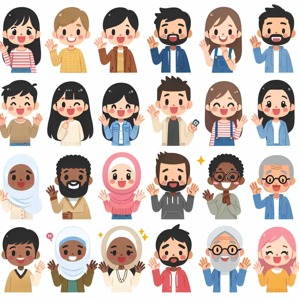 A diverse group of people demonstrating various gestures and facial expressions indicative of different social interactions.