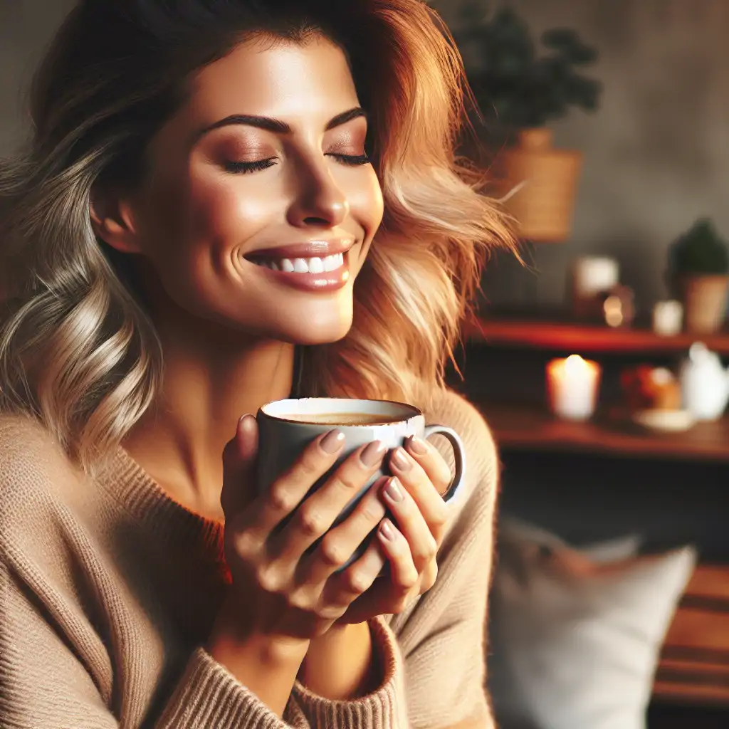 A person enjoying a cup of coffee in a cozy setting, filled with satisfaction.