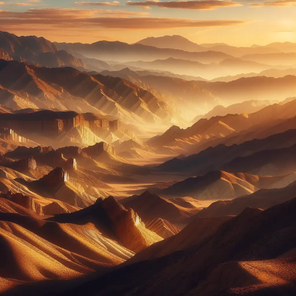 A panoramic view of the Atlas Mountains with layers of sedimentary rock formations bathed in golden sunlight.
