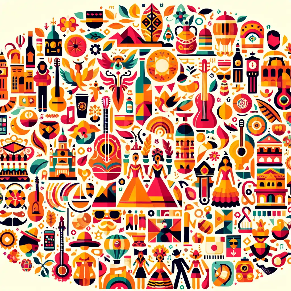 A colorful mosaic of cultural symbols from around the world.