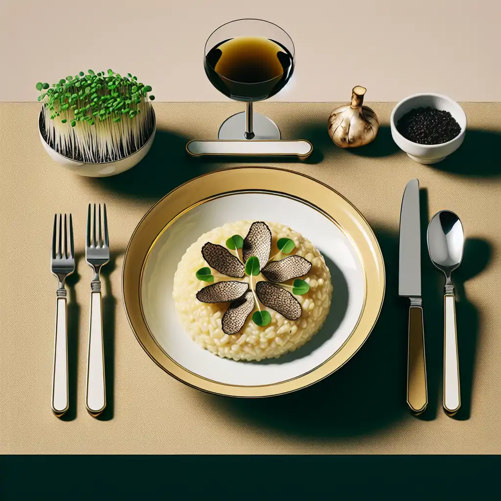 A modern take on a classic 1960s dining setup featuring risotto with truffle oil and microgreens.