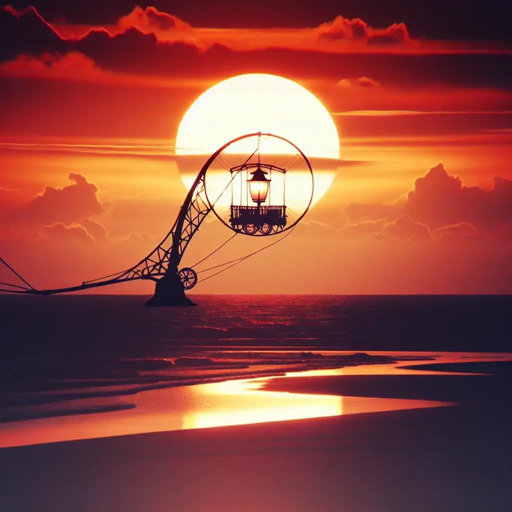 A sunset silhouette of Felix’s contraption peacefully anchored to the ground, symbolizing the conclusion of a remarkable journey.
