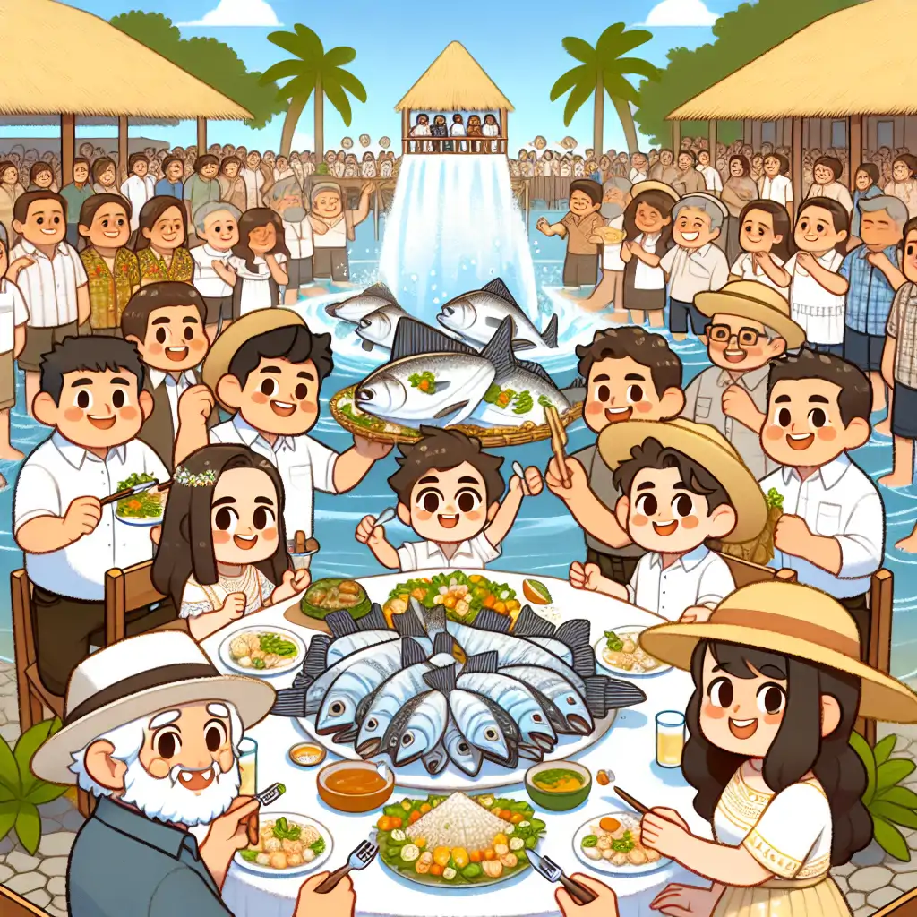A celebration scene in Yoro featuring locals and tourists enjoying a communal fish feast after a fish rain.