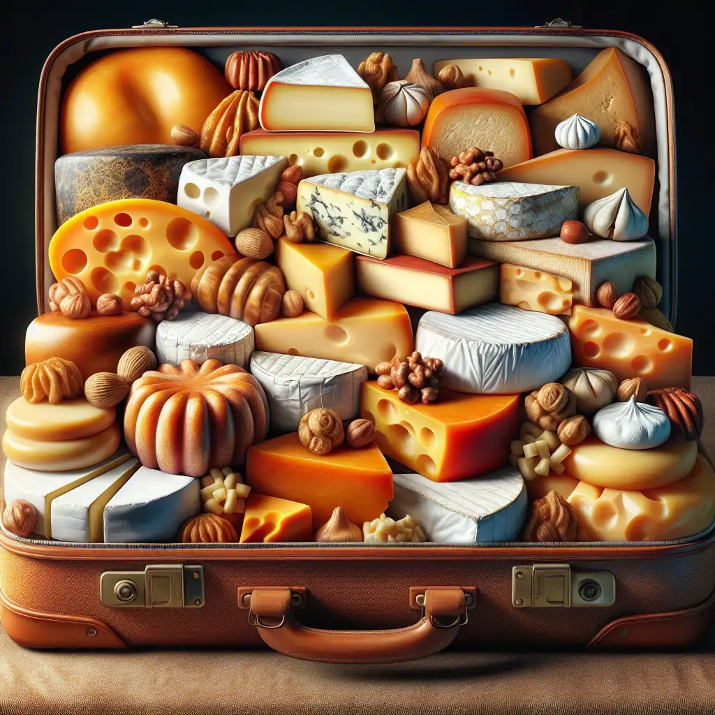 A travel suitcase filled with unusual cheeses from different countries, symbolizing the adventurous journey of a cheese lover.