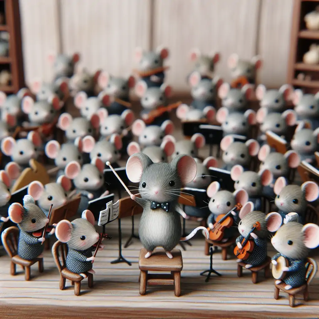 A whimsical illustration of Mortimer conducting a mouse orchestra.